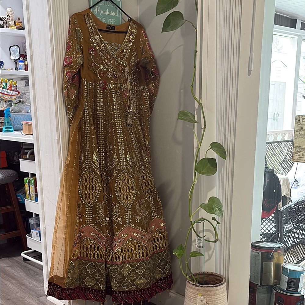 Sajni Gold and Brown Embellished Tiered Gown with Bishop Sleeves